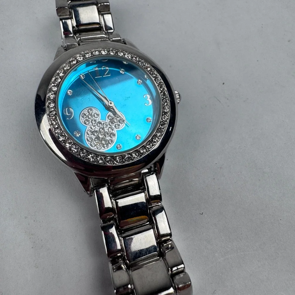 Disney Mickey Mouse Silver Watch Diamonds  Accutime Stainless NEEDS Battery